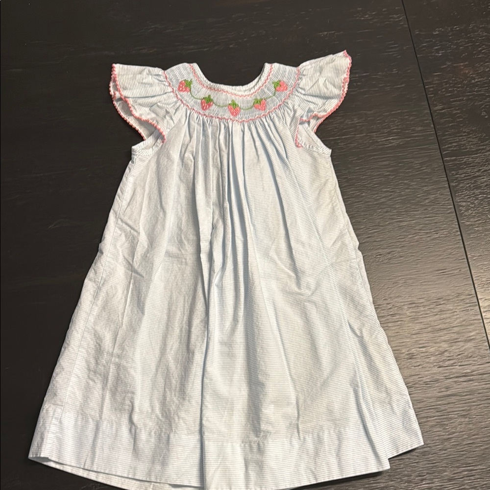 Embroidered Smocked Blue and White Strawberry Kids Dress
